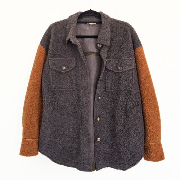 Mystree Sherpa Color Block Shacket - Picture 1 of 8